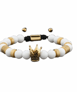 Brățară Bărbătească cu Mărgele din Piatră Naturală & Charm Coroană, culoare Alb cu Gold