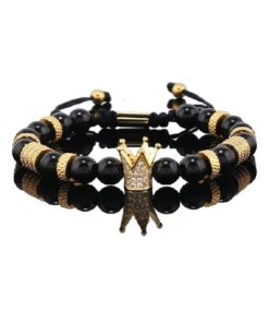 Karkötő Bărbătească Mărgele din Piatră Naturală & Charm Coroană, szín negru gold