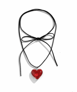 Nyaklánc Medál Inimă, Reglabil, din Textil & Sticlă, szín fekete, piros